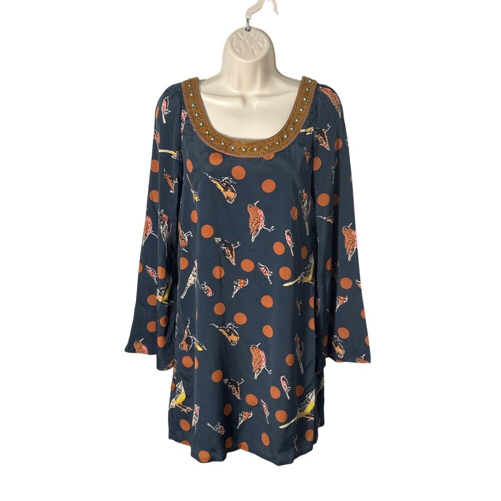 Judith March Navy Blue Bird Dot Print Tunic Mini Dress Bell Sleeve Size S